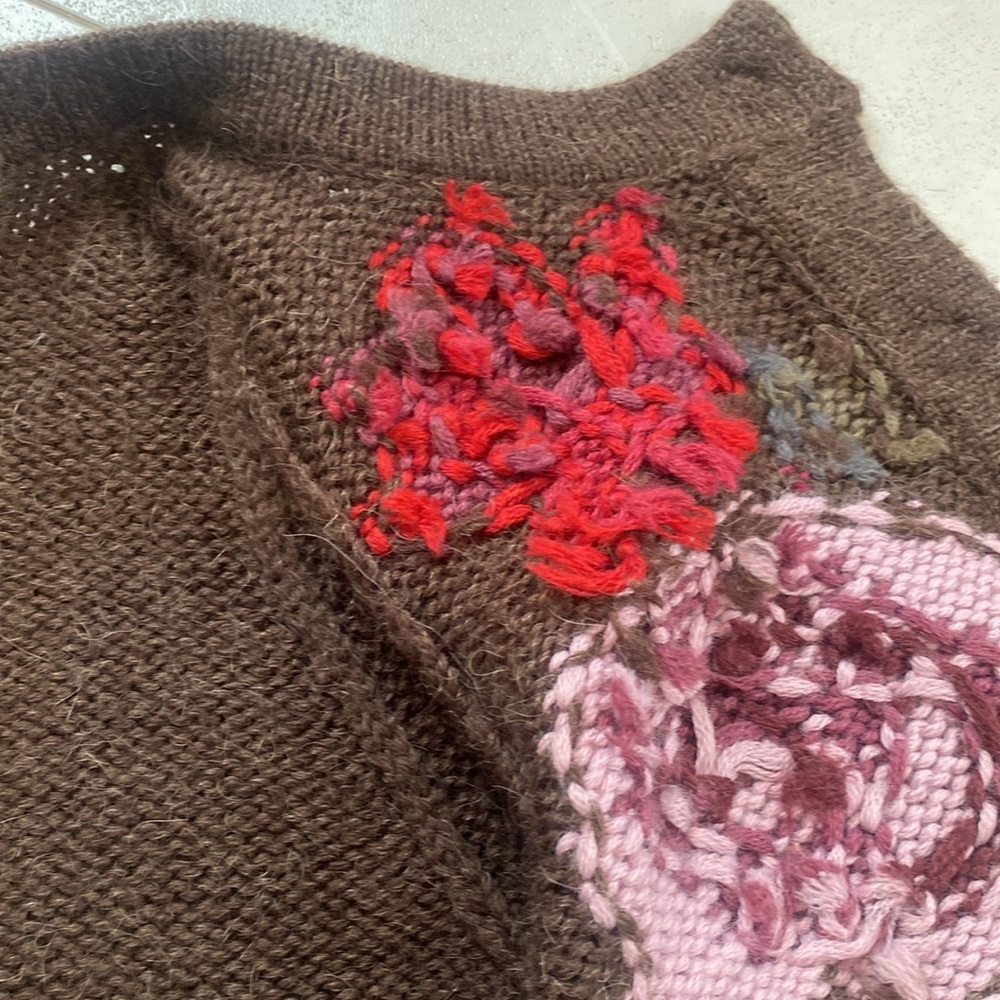 Jackpot wool blend button down Brown cardigan w large floral print Size Small - Picture 15 of 16
